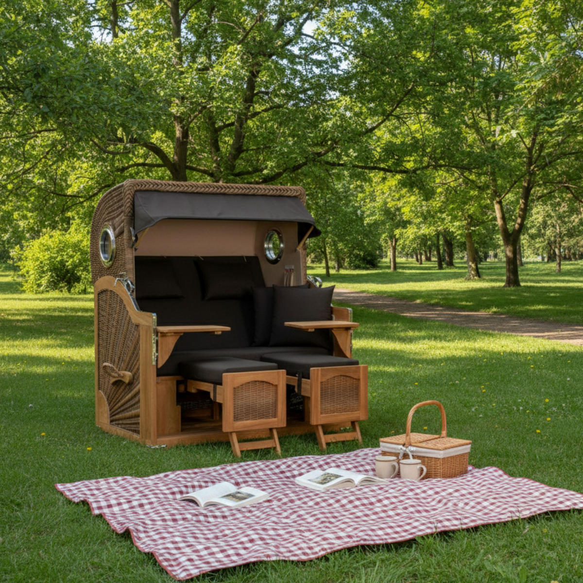 STRANDKORB XXL Düne Grande Teak Banana - Schwarz/Braun, Metall (142/170/95cm) - Mr. Deko