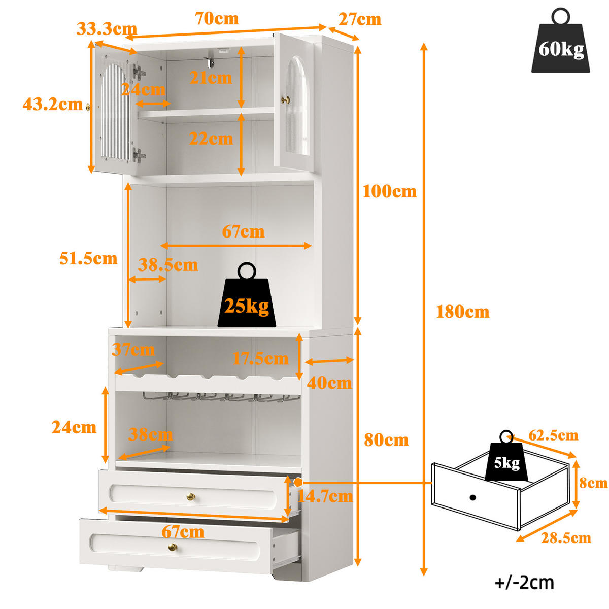 VITRINE LED Gewölbte Glastüren Weinregal Weiß - Weiß, Holzwerkstoff (70/180/40cm) - FLIEKS