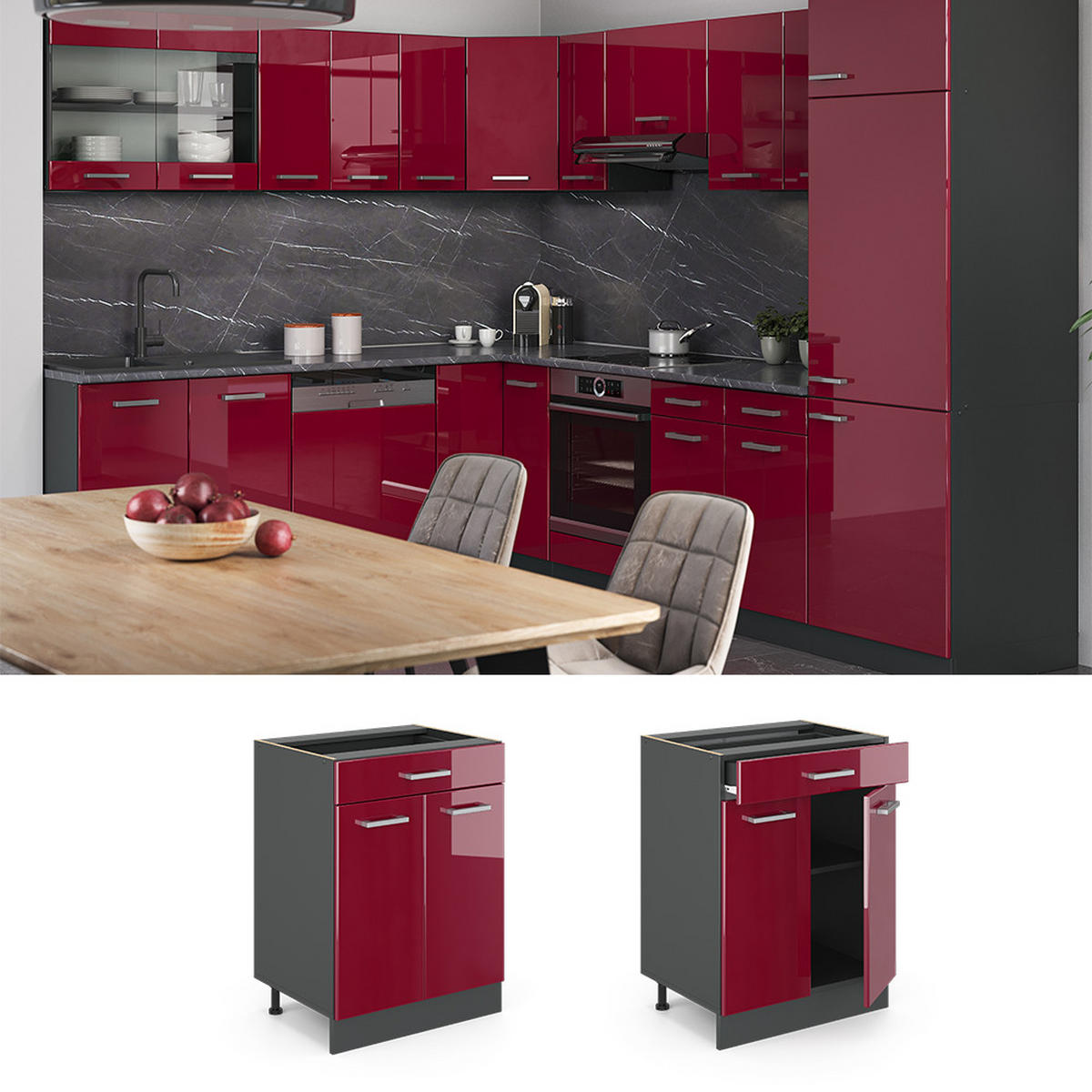 KÜCHENUNTERSCHRANK R-Line Rot Hochglanz 60 cm AP Marmor - Anthrazit/Rot, Holzwerkstoff (60/81.6/60cm) - Vicco