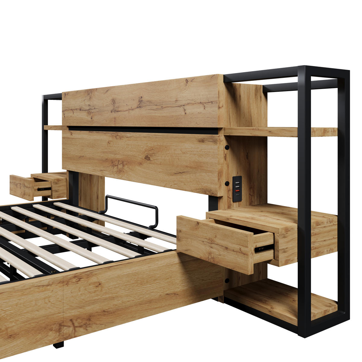 STAURAUMBETT 180/200 cm DE-00864, in Eiche, Hydraulik und Schubladen - Eichefarben, Holzwerkstoff (180/200cm) - ComfortXL