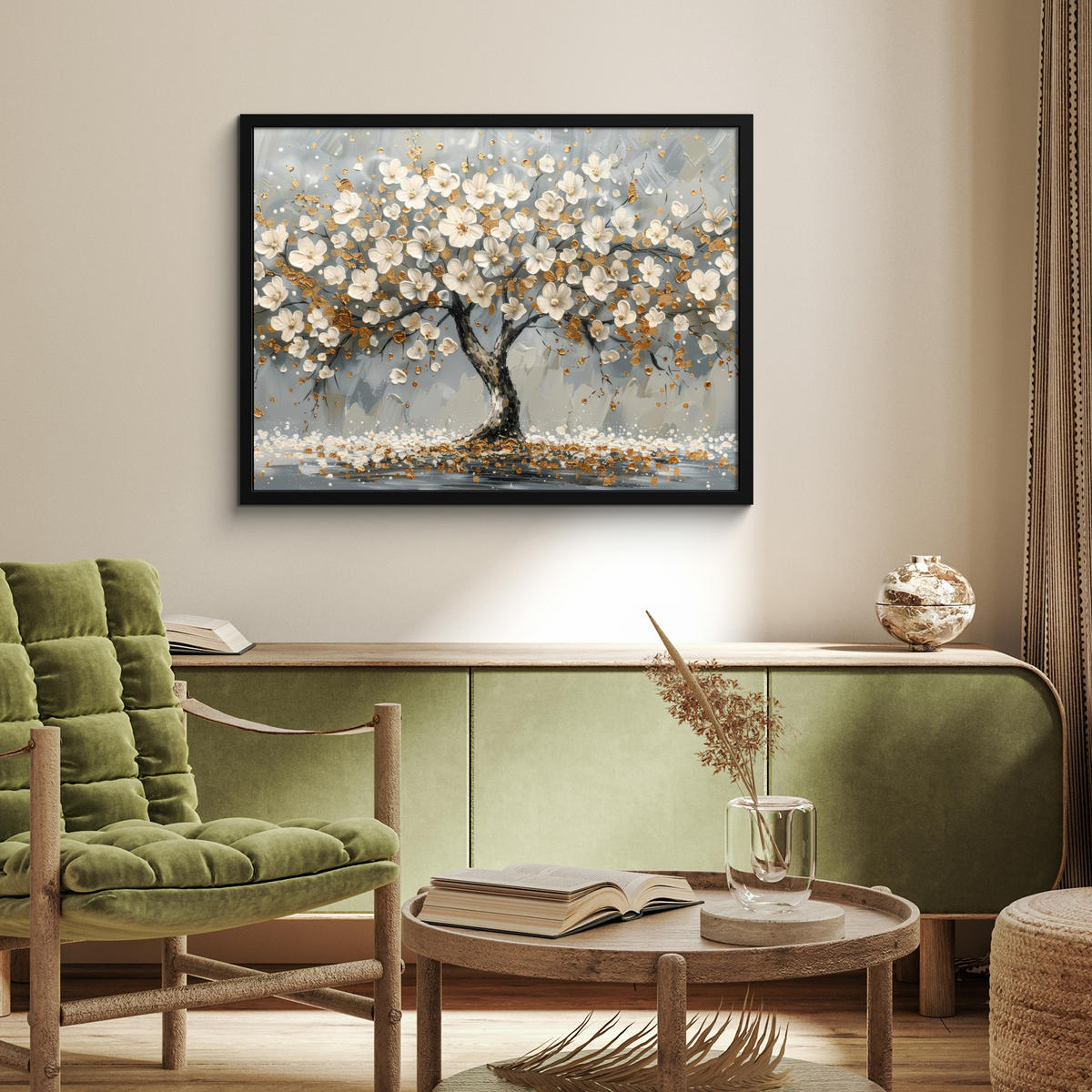 POSTER MIT RAHMEN Baum - Blumen - Weiß - Natur - Kunst 80x60 cm - Weiß, Papier (80/60cm) - MuchoWow