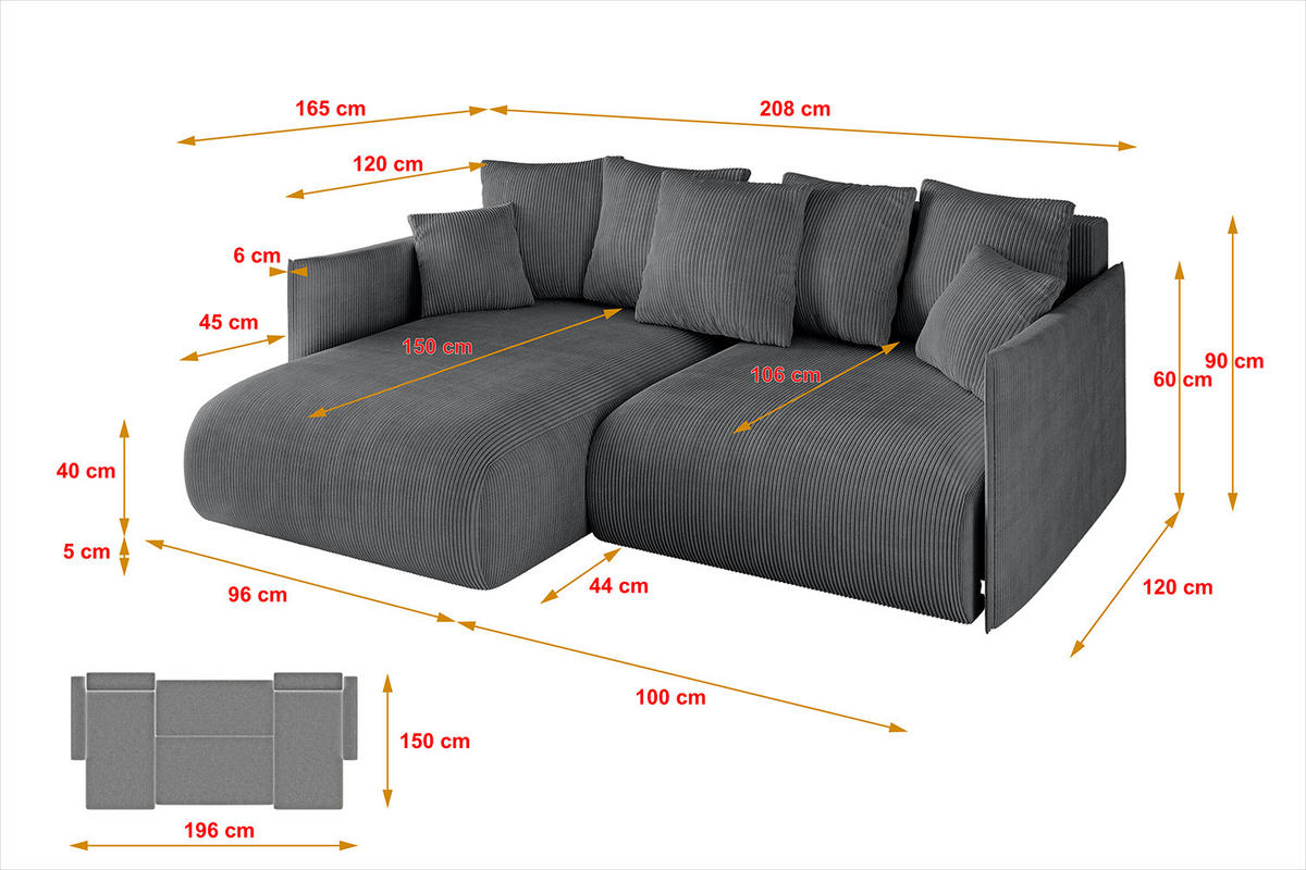 ECKSOFA mit Schlaffunktion und Bettkasten ONESK-L 208x165x40 Dunkelgrau Cord - Dunkelgrau, Holzwerkstoff/Kunststoff (208/165cm) - ALTDECOR