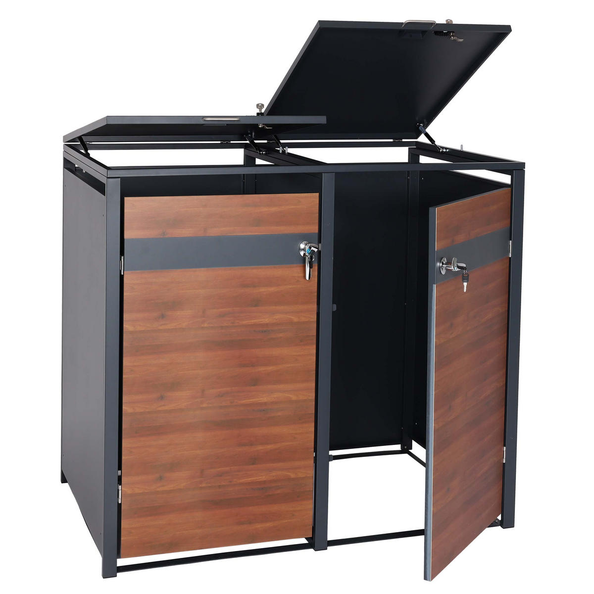 MÜLLTONNENBOX 2er 117x132x80cm Anthrazit Kirsche-Holzoptik Dunkelbraun - Kirschbaumfarben, Metall (132/117/80cm) - PROREGAL