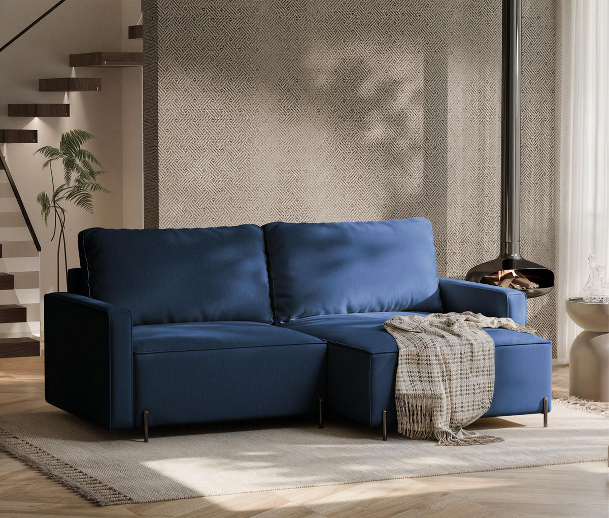 ECKSOFA LEO Rechts, mit Schlaffunktion und Bettkasten, Marineblau - Dunkelblau, Textil/Metall (229/148cm) - Idohome