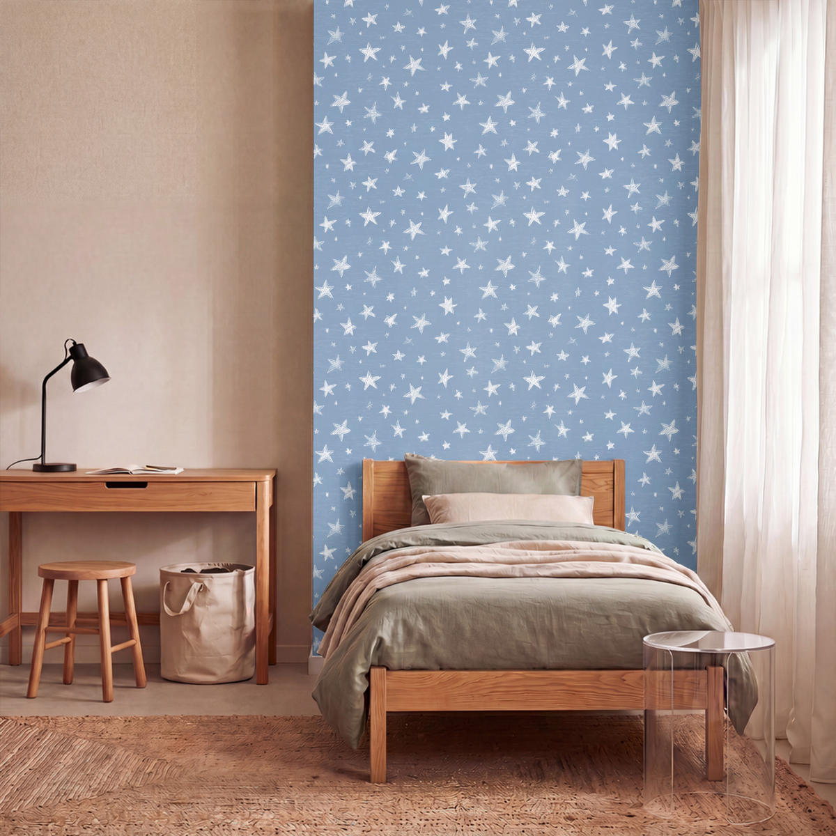 KINDERTAPETE - Sterne - Muster - Blau - 120x200 cm - Hellblau, Papier (120/200cm) - OnlyWow