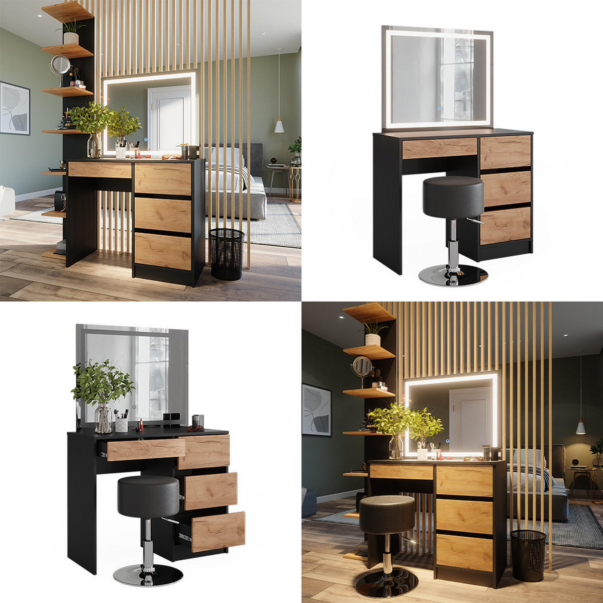 SCHMINKTISCH Sherry Anthrazit 90 x 75 cm mit LED-Spiegel und Hocker - Anthrazit/Eiche Wotan, Holzwerkstoff (90/75/40cm) - Vicco