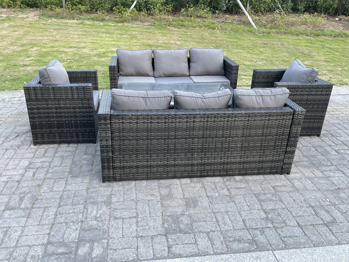 GARTENTISCHGRUPPE Polyrattan 8-Sitzer - Dunkelgrau/Grau, Glas/Kunststoff - Fimous