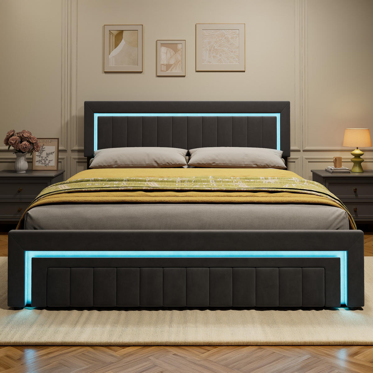 POLSTERBETT 180/200 mit Bettkasten und Schubladen , mit LED, ohne Matratze - Grau, Holzwerkstoff/Textil (180/200cm) - STILVORA