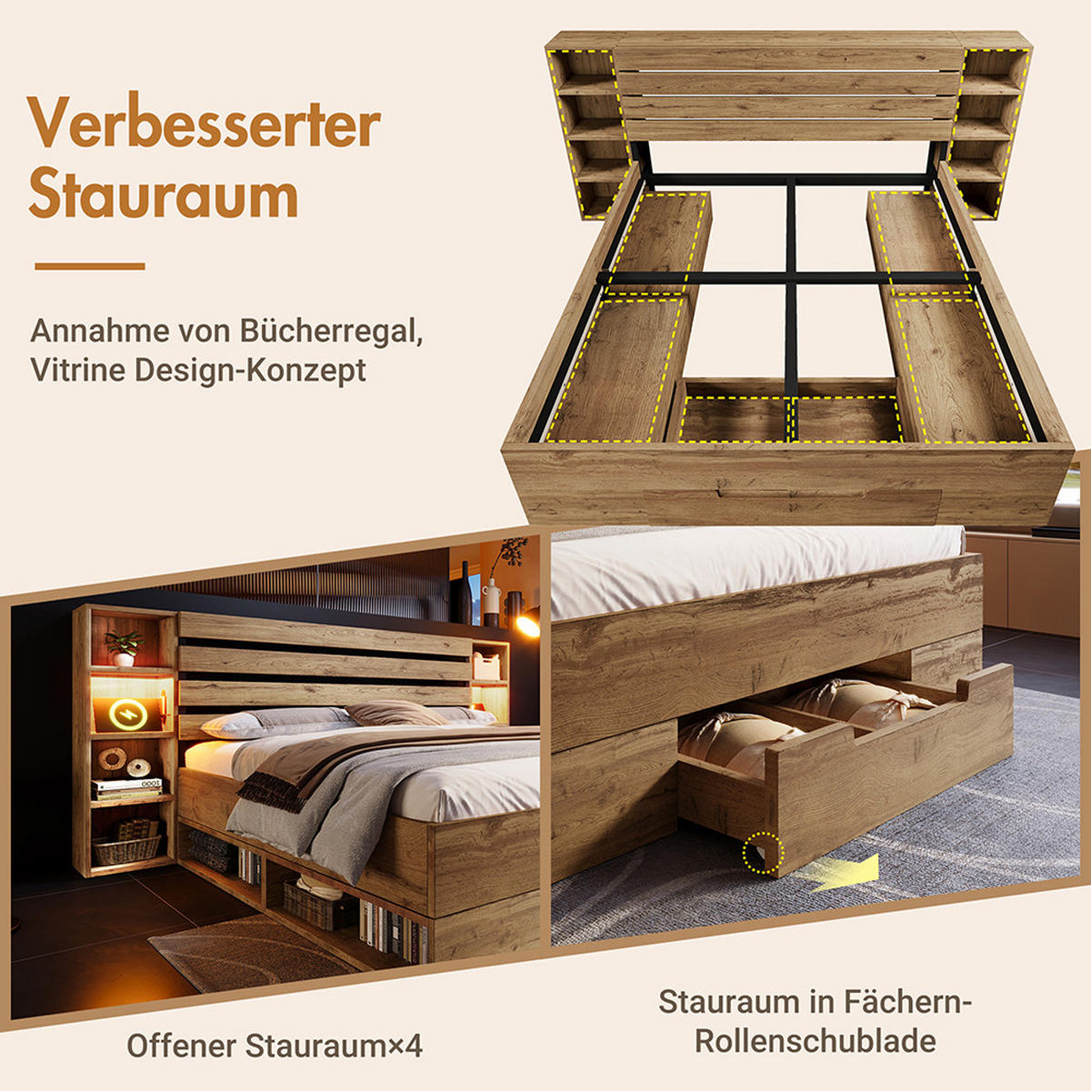 DOPPELBETT 180×200 cm mit LED-Beleuchtung und USB C in Eiche - Wildeiche, Holz (180/200cm) - KOMHTOM