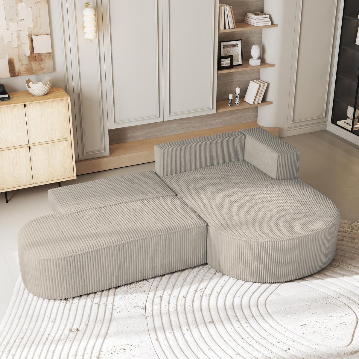 ECKSOFA CORTIO P R-S Creme Kordstoff mit Schlaffunktion - Creme, Holz (265/174cm) - MASSENO