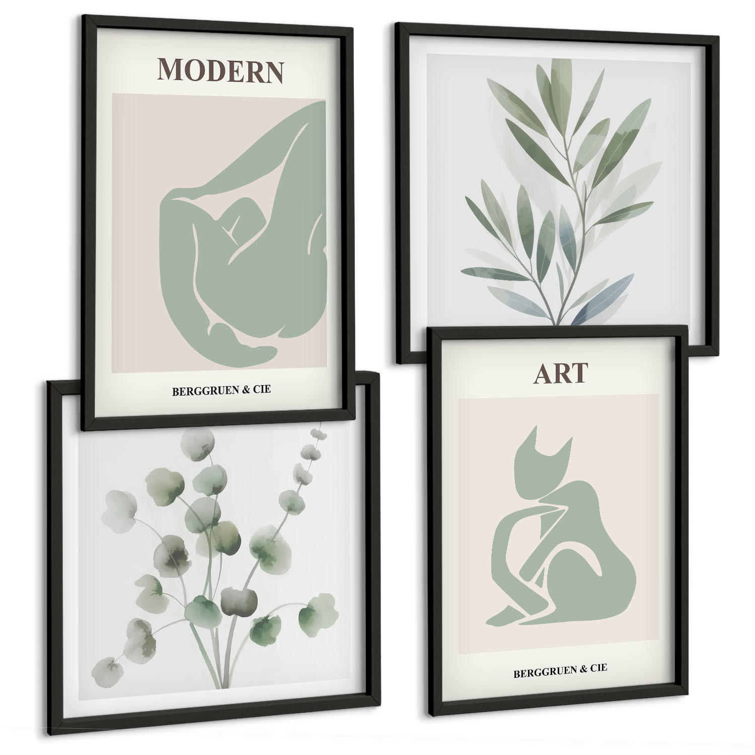 BILDER SET 4er Set - 50x50 cm & 40x60 cm Schwarzer Rahmen - Pflanzenmotive, zartes Grün - Schwarz, Kunststoff (50/50cm) - TULUP