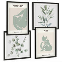 BILDER SET 4er Set - 50x50 cm & 40x60 cm Schwarzer Rahmen - Pflanzenmotive, zartes Grün - Schwarz, Kunststoff (50/50cm) - TULUP