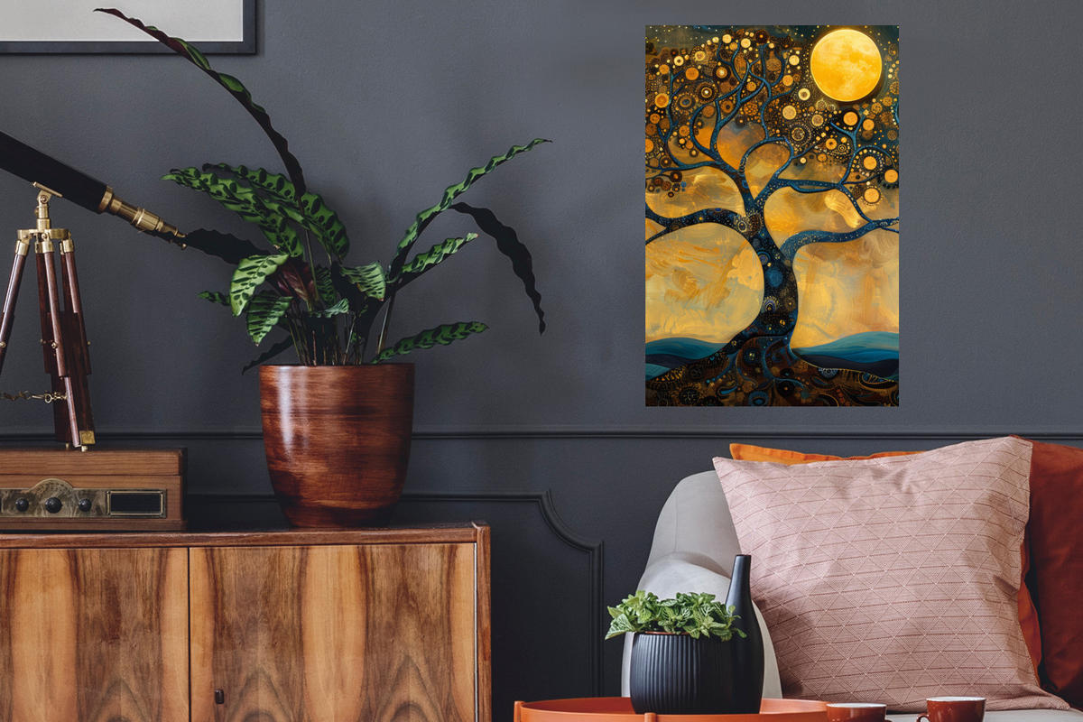 WANDTATTOO Baum - Mond - Blumen - Gold - Kunst 40x60 cm - Orange, Kunststoff (40/60/0.1cm) - MuchoWow