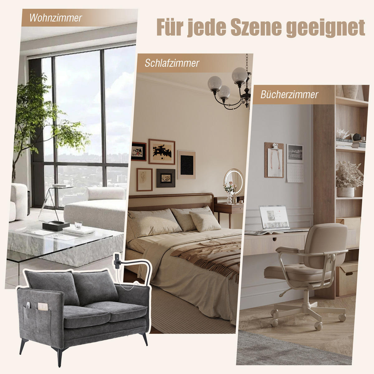 2-SITZER Sofa Chenille mit Handyhalter und Ablagefächern 127/69/66 cm Grau - Grau, Textil (66/127/69cm) - Redom