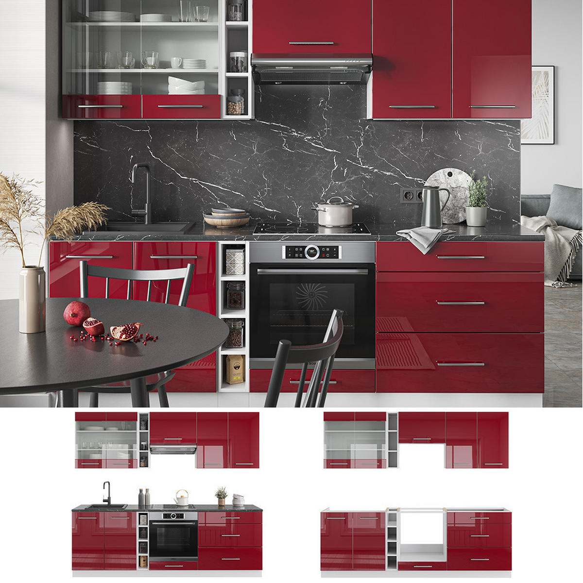 KÜCHENZEILE Fame-Line Bordeaux Hochglanz/Weiß 235 cm, AP Anthrazit - Bordeaux/Weiß, Holzwerkstoff (235/81.6/60cm) - Vicco