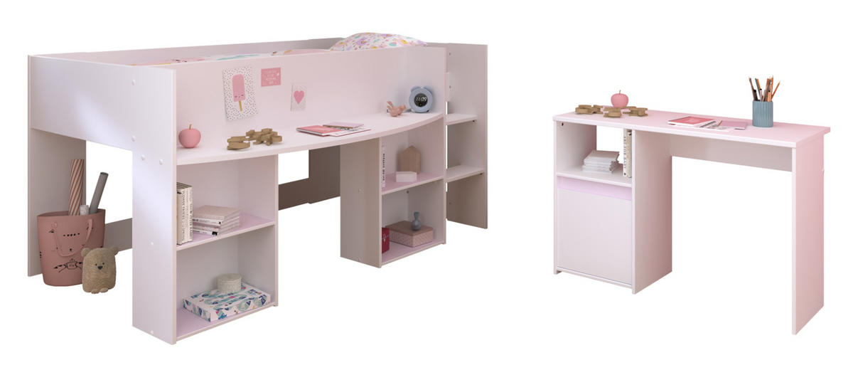 KINDERZIMMER Set 2-tlg. mit Schreibtisch und Hochbett 90 x 200 - Weiß, Holz/Holzwerkstoff (90/104/200cm) - Parisot Meuble