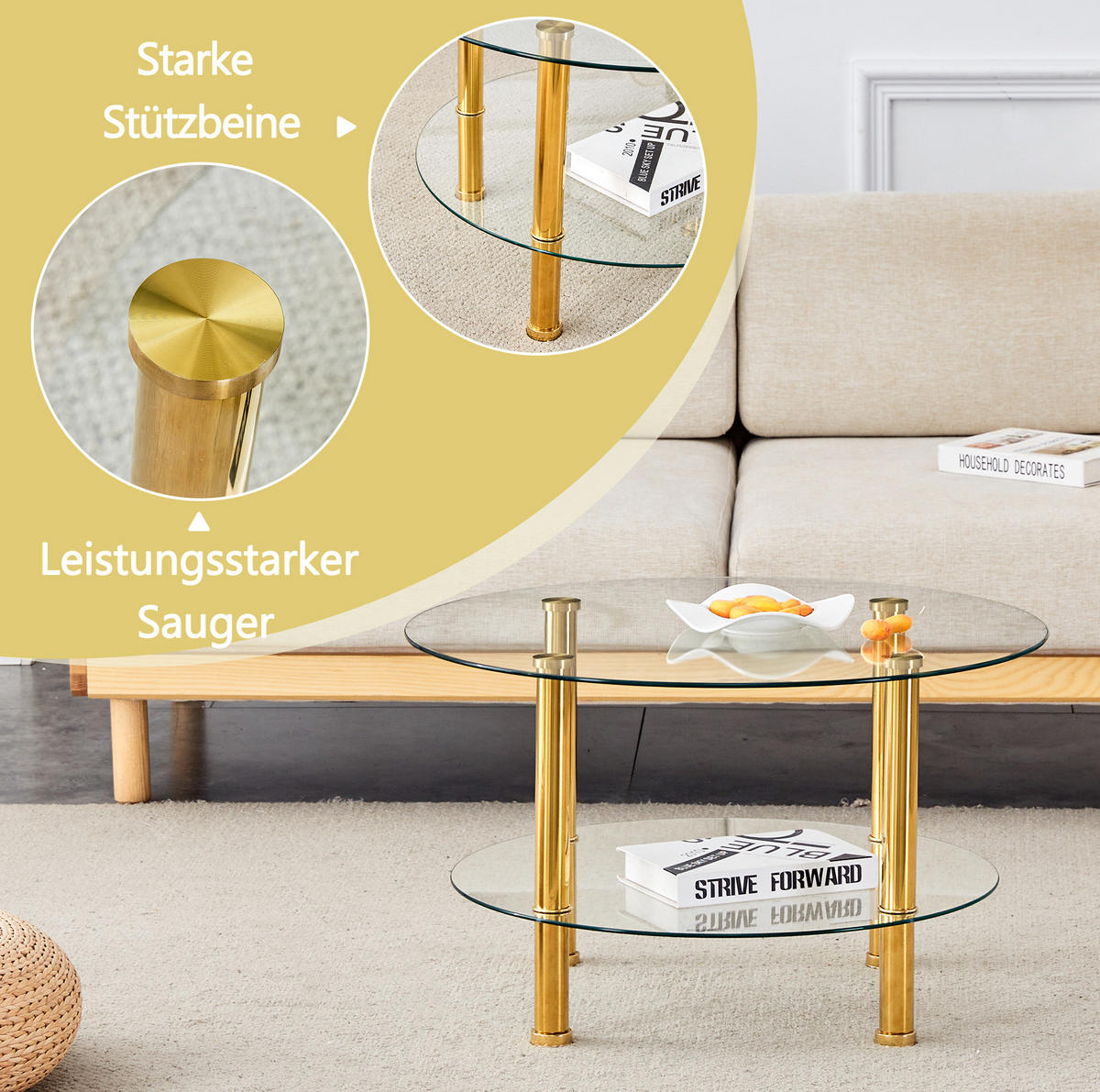 COUCHTISCH 70/70/42 cm mit 2 Glasplatten und Metallgestell, moderner leiser Luxus, Gold/Transparent - Goldfarben, Glas (70/70/42cm) - Redom