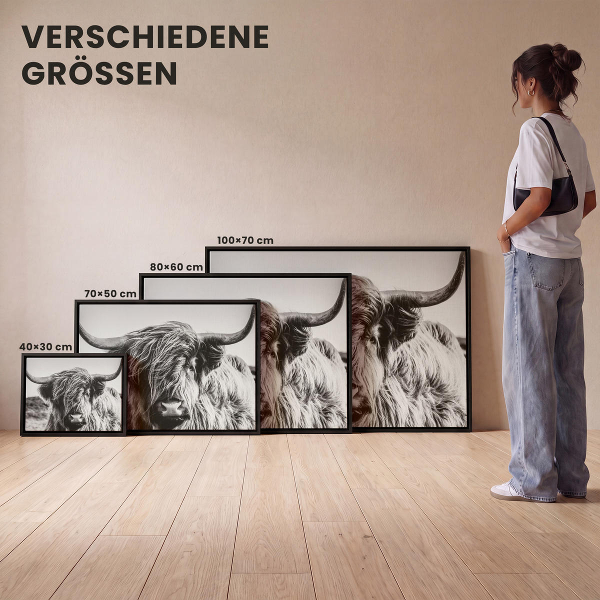 LEINWAND Bilder mit Rahmen - Kuh - Schottischer Hochländer - Schwarz - Weiß - Tier - Natur - Wildtiere - 100x70 - Schwarz, Textil (100/70cm) - MuchoWow