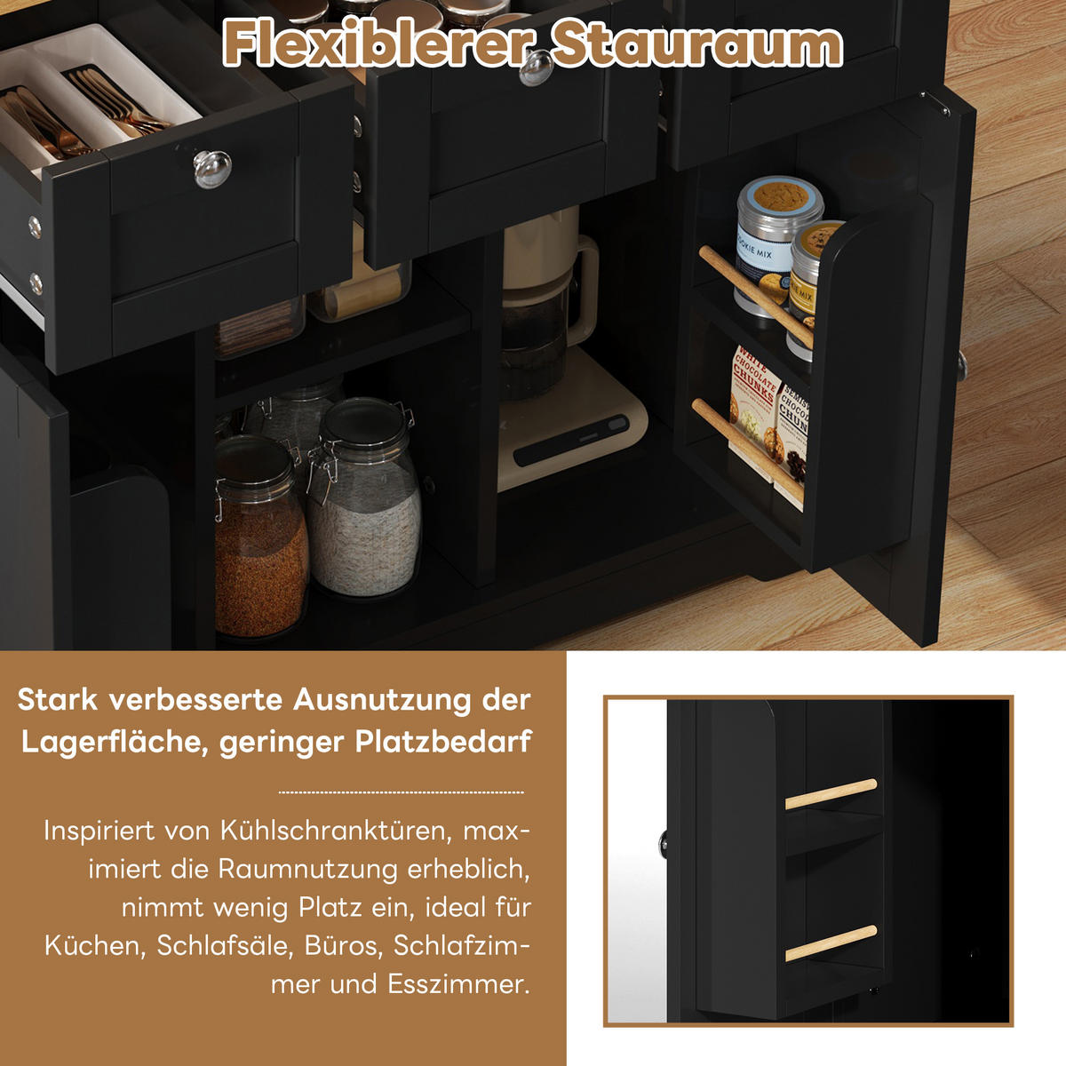 KÜCHENINSEL 132x70x87cm Schwarz Spanplatte mit Steckdose,Ausziehplatte & Rollen - Schwarz, Holzwerkstoff (132/87/70cm) - Modfu