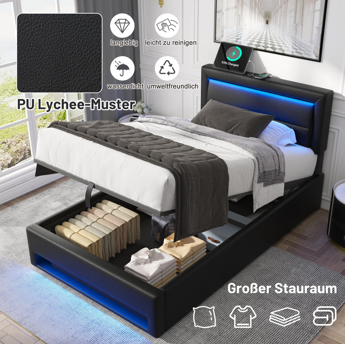 POLSTERBETT mit USB, LED und Stauraum 90x190 cm PU Schwarz - Schwarz, Metall (90/190cm) - Meubliv