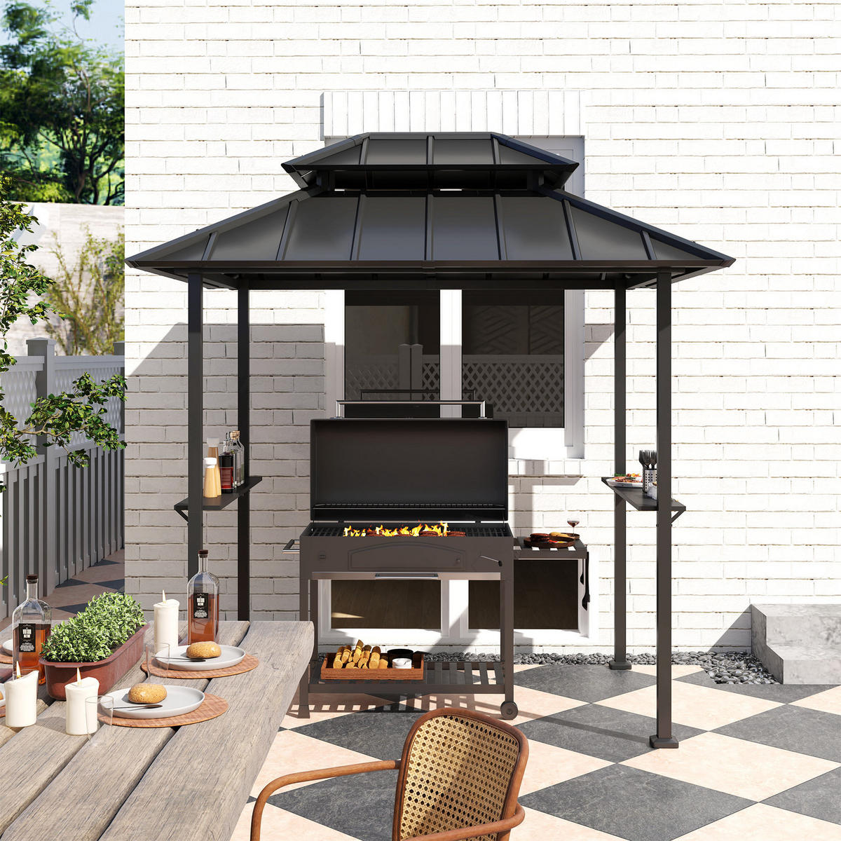 PAVILLON DE-12658 244/184/258 cm Doppeldach mit 2 Regalen Schwarz - Schwarz, Metall (467.36/655.32/619.76cm) - ComfortXL