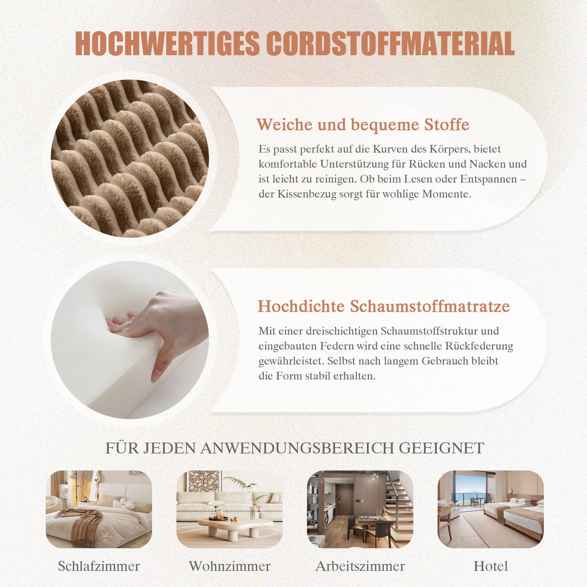 2-SITZER SOFA Cord Khaki mit Kissen und Seitentaschen - Hellbraun, Textil (191/85/94cm) - WISHDOR