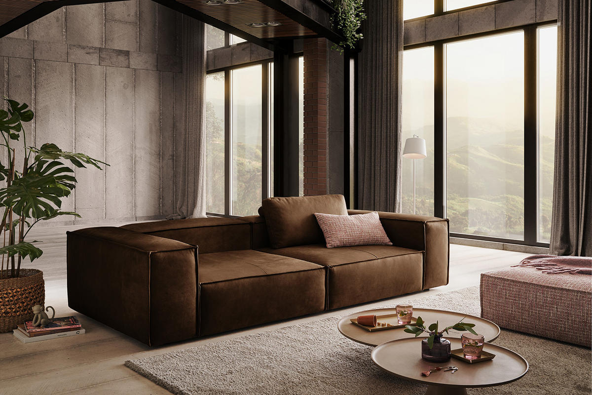 SOFA CARMO Braun Leder - Dunkelbraun/Schwarz, Leder/Kunststoff (266/68/118cm) - KAWOLA