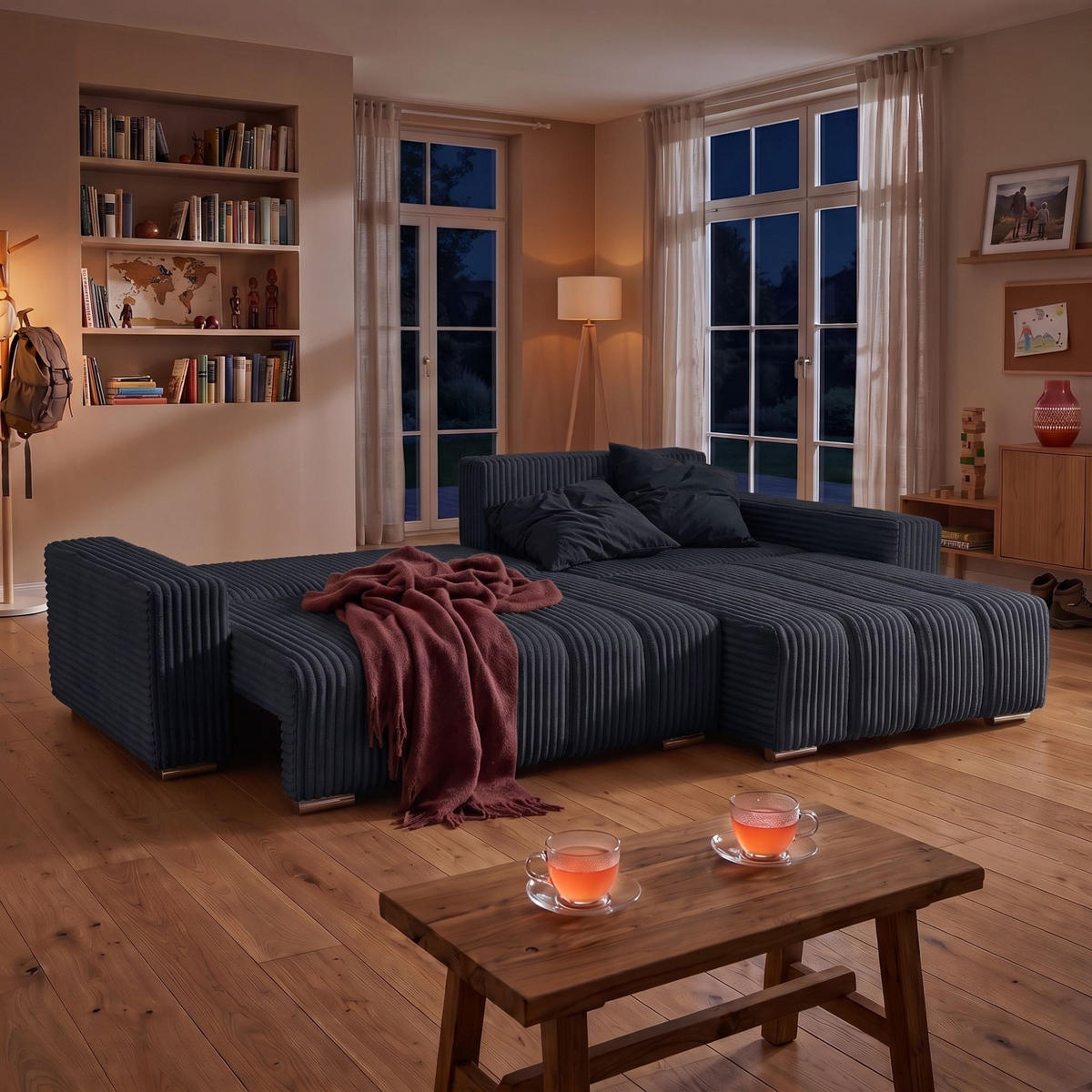 ECKSOFA PIANO L Rechts mit Schlaffunktion 137x234 Cord Schwarz - Silberfarben/Schwarz, Holz/Textil (178/278cm) - Muffo