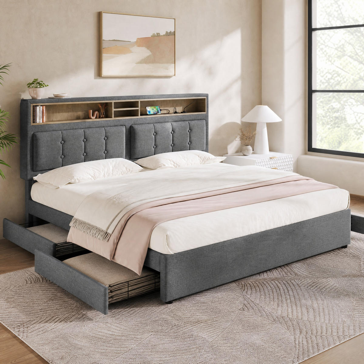 POLSTERBETT 140/200 mit Bettkasten, LED und USB,mit Schubladen - Grau, Holzwerkstoff/Textil (140/200cm) - EVRYAE