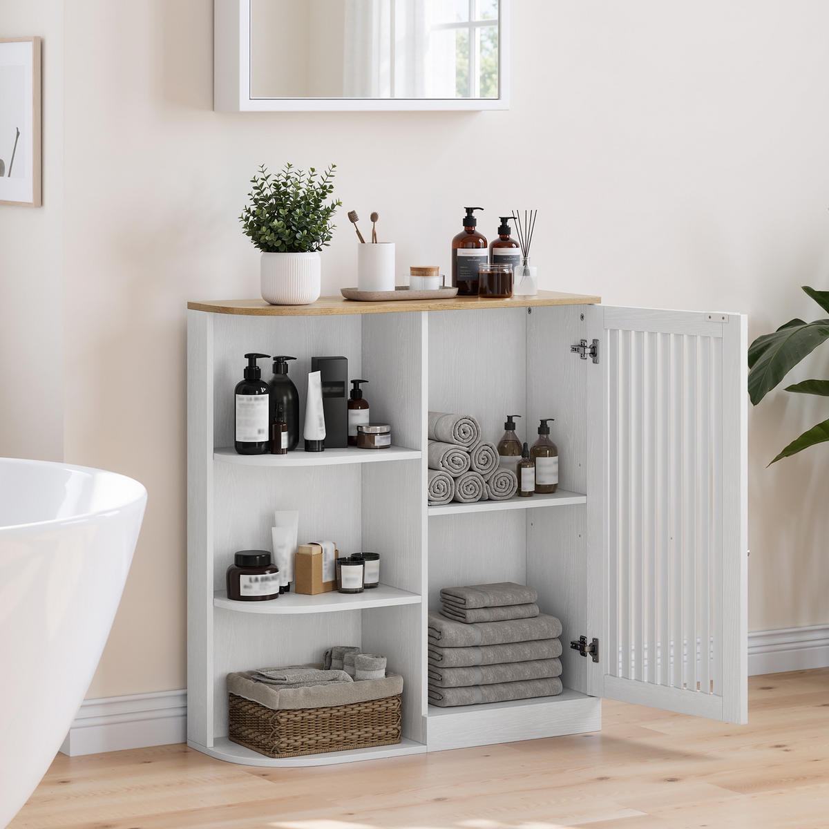BADEZIMMERSCHRANK 68x25x76 cm Weiß & Eiche mit 3 offenen Regalen & Schrank - Weiß, Holzwerkstoff (68/76/25cm) - Modfu