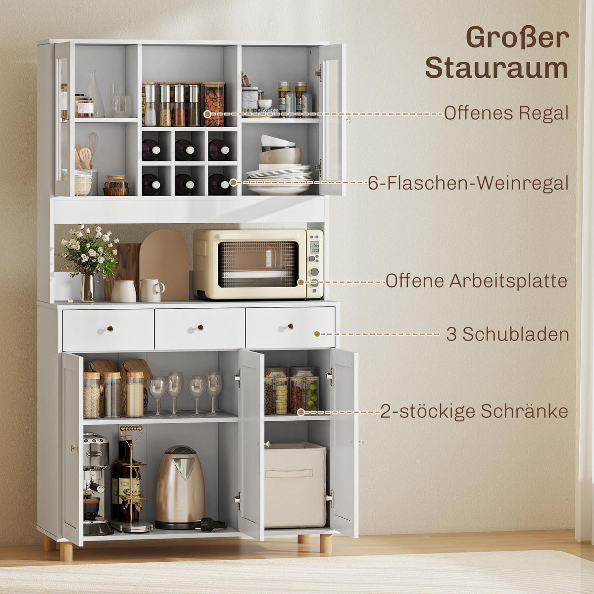 KÜCHENSCHRANK, Buffetschrank mit verstellbaren Regalen, 4 Türen, Schublade - Silberfarben/Weiß, Holzwerkstoff/Metall (40/180/100cm) - HOMCOM