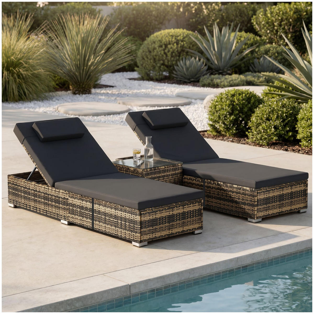 RATTAN-DOPPELLIEGE Carbonera, Belastbarkeit je 200 kg, natur - Naturfarben, Kunststoff (62/36/196cm) - tectake
