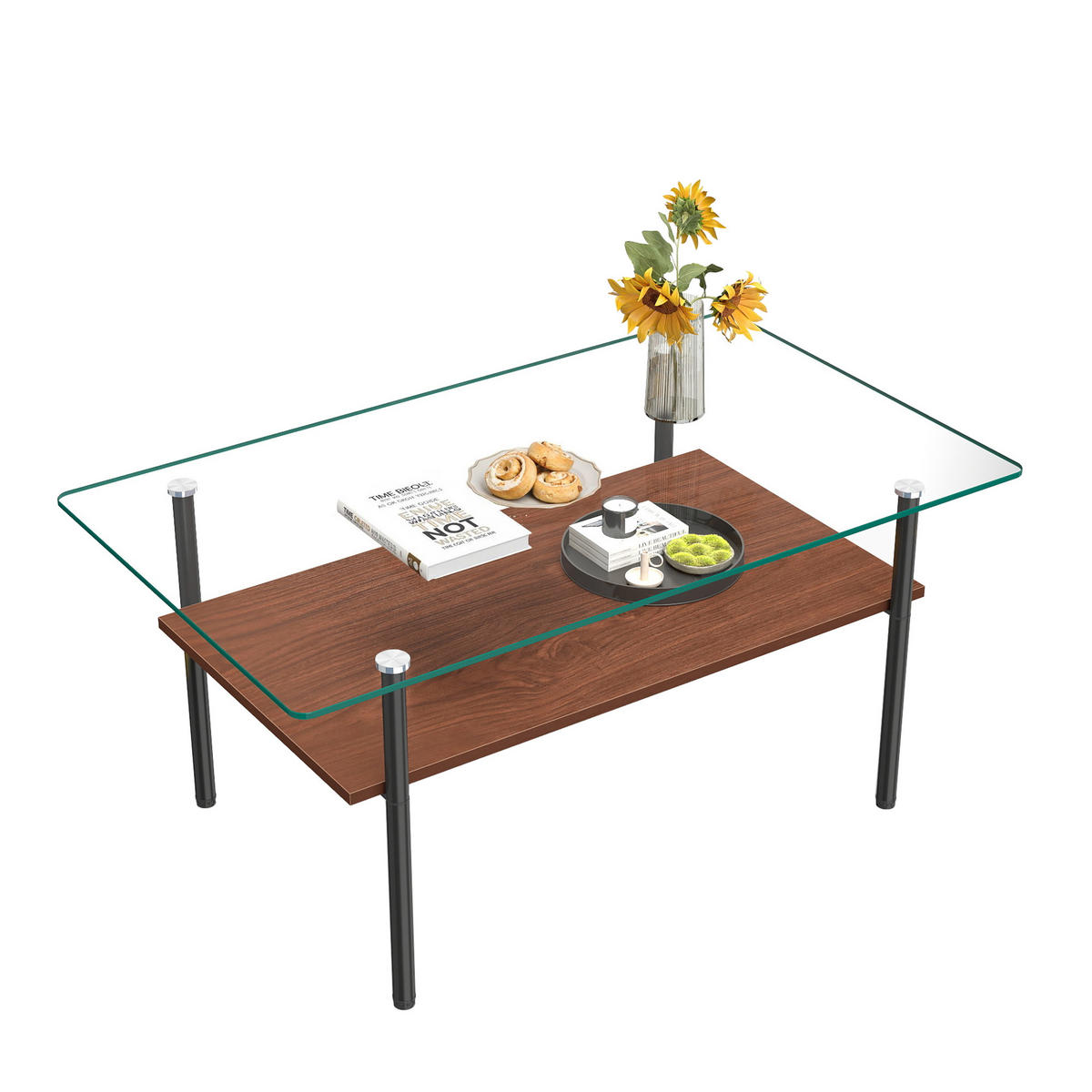 COUCHTISCH DE-37418 rechteckig mit Glasplatte und MDF-Ablage Braun - Schwarz/Braun, Metall (97.7/57.7/45cm) - ComfortXL