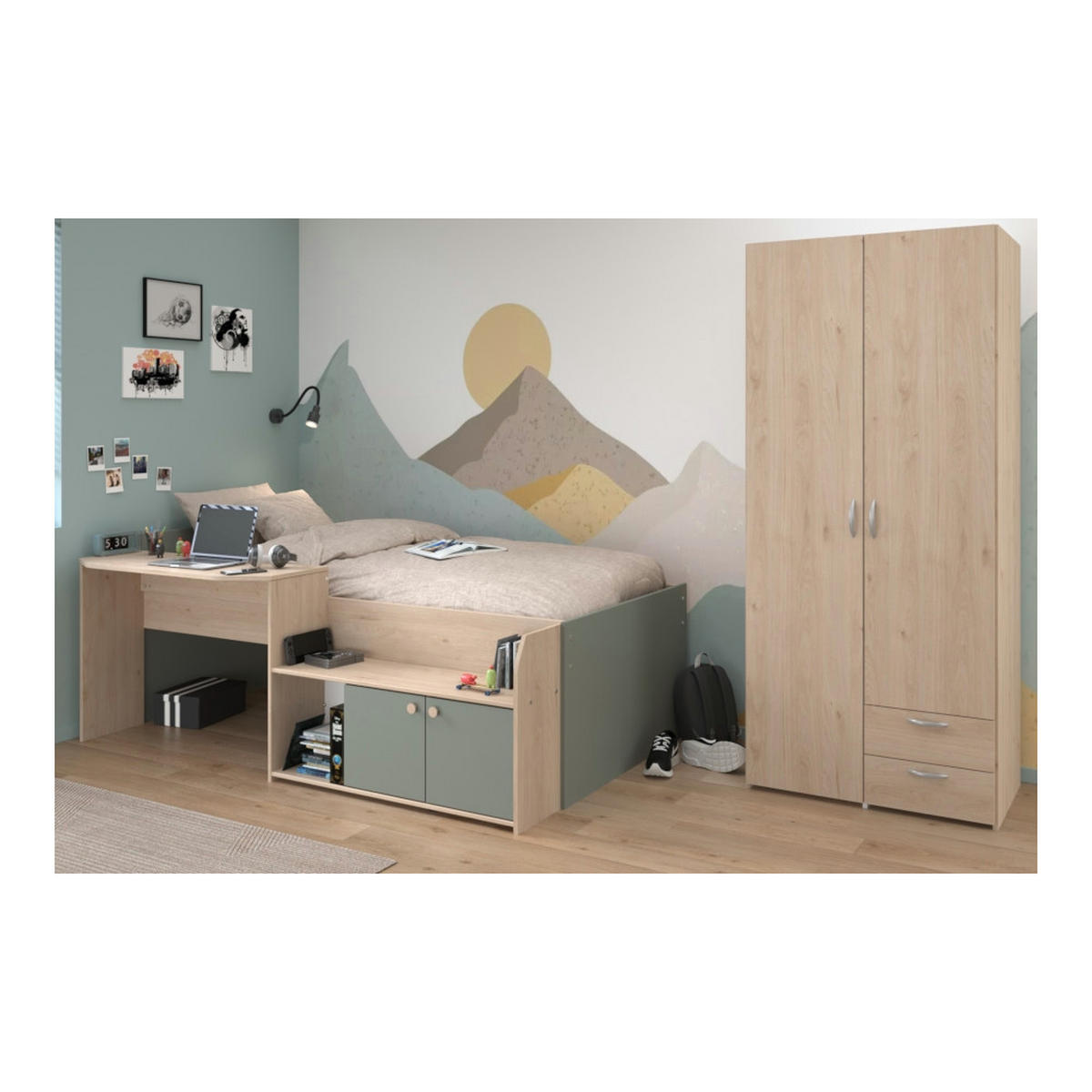 JUGENDZIMMER Hochbett Jade 11 in Seladon Grün und Jackson Eiche mit 2türigem Kleidierschrank von Parisot - Grün, Holzwerkstoff (80/200/120cm)