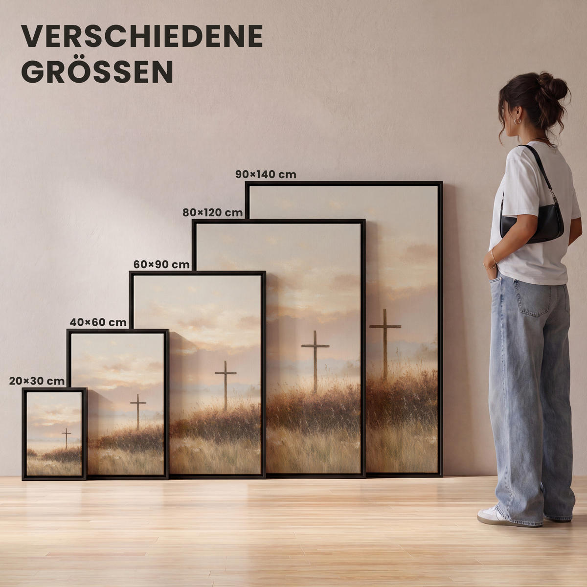 LEINWAND Bilder mit Rahmen - Gras - Morgennebel - Kreuz - Christentum - 100x150 - Beige, Textil (100/150cm) - MuchoWow