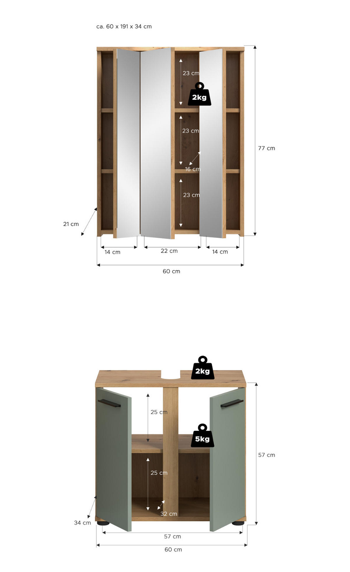 BADMÖBEL-SET Salbei grün, Eiche Artisan 60 cm 2-teilig, Badezimmerschränke in modernem Stil - Salbeigrün/Schwarz, Glas/Holzwerkstoff (60/191/34cm) - Inn.Furn