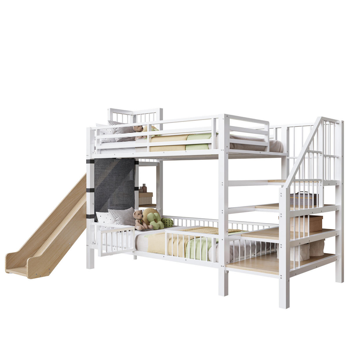 ETAGENBETT 90/200 cm Weiß mit Rutsche und Stauraumtreppe aus Metall - Weiß, Metall (90/200cm) - Flora Grace