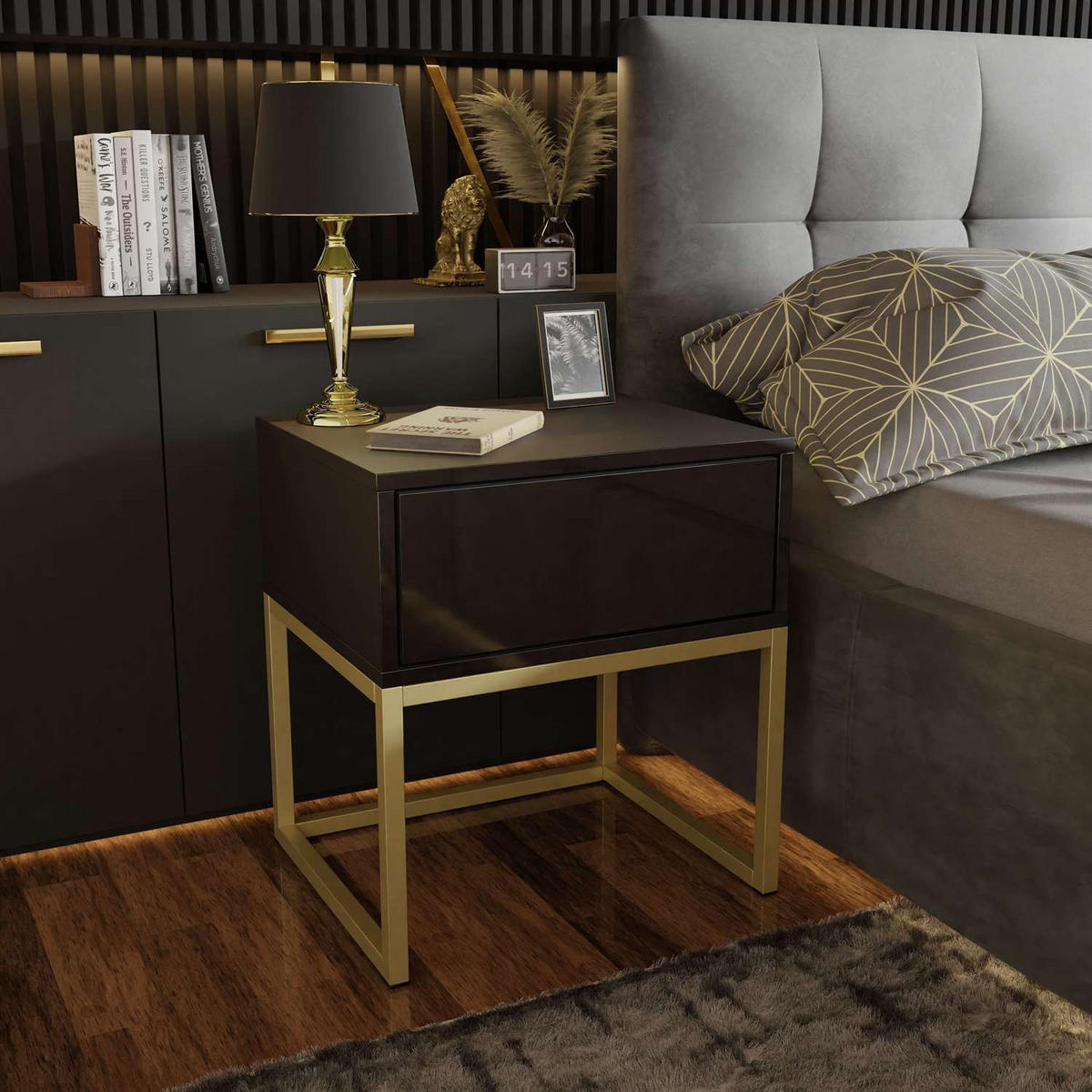 NACHTTISCH BLANCO GOLD auf goldenem Gestell Schwarz PUSH OPEN - Schwarz Hochglanz, Holzwerkstoff (45/53/36.6cm) - Lookway