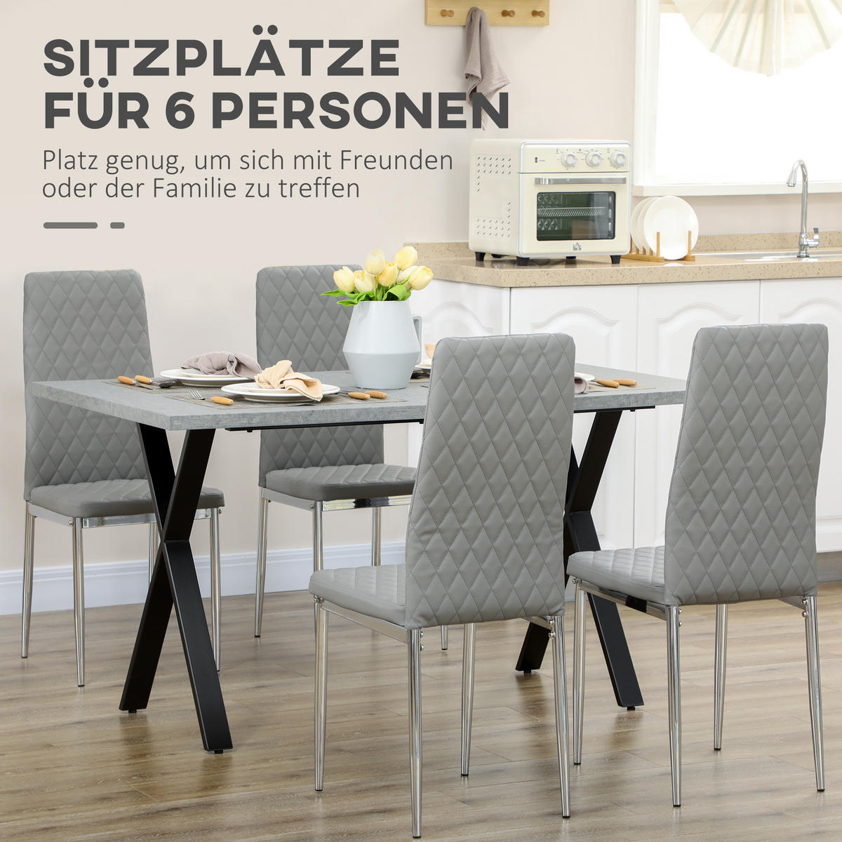 ESSTISCH, MDF, Stahl, Grau - Grau, Kunststoff (140/80/76cm) - HOMCOM
