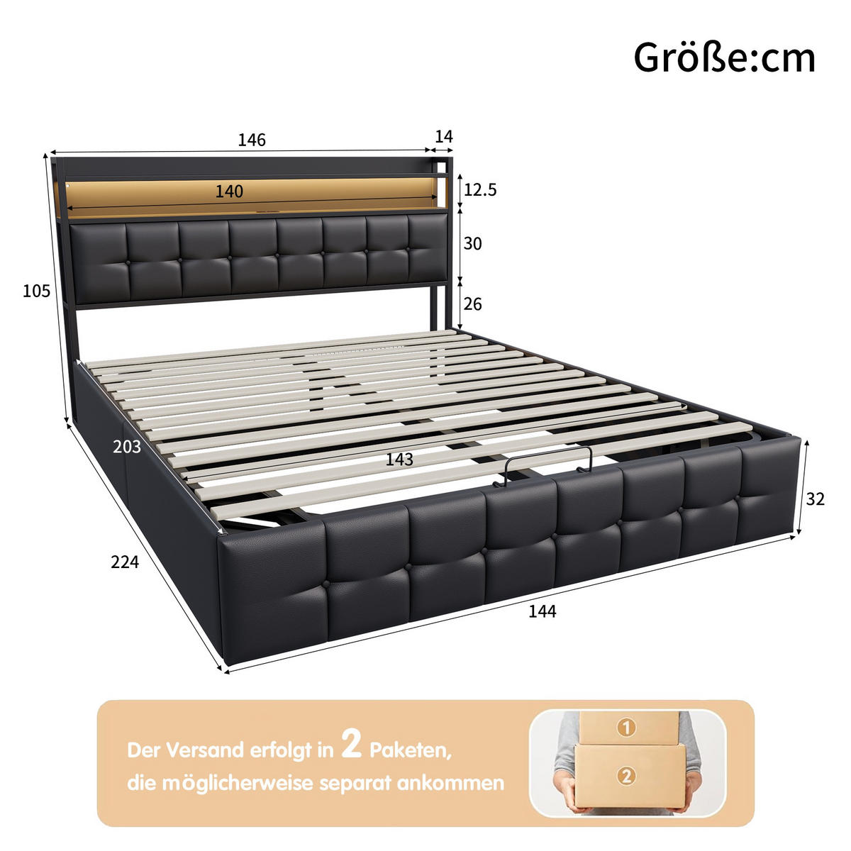 POLSTERBETT 140x200 cm Smart-Lift Elite mit Hydraulik-Stauraum, RGB-LED & Ladestation, Kunstleder, Schwarz - Schwarz, Textil (140/200cm) - DELFA