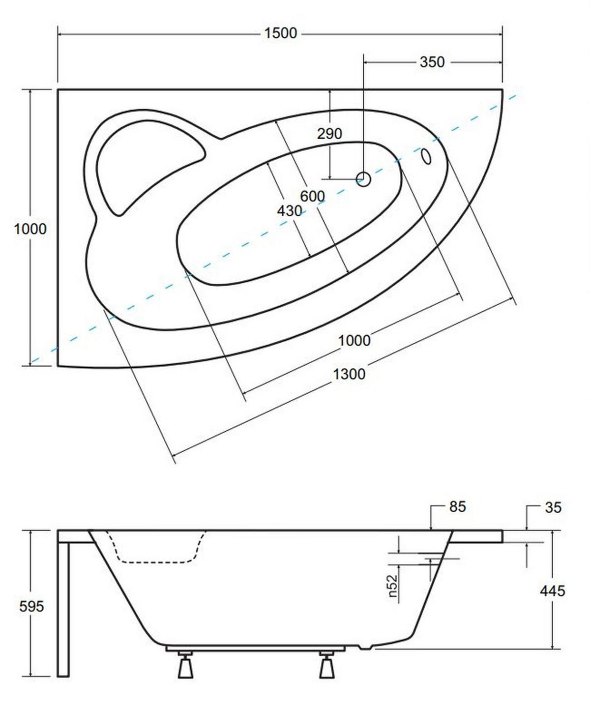 BADEWANNE Eckwanne NATALIA PREMIUM 150/100 Links mit Schürze Ablauf Füße - Weiß, Kunststoff (100/59.5/150cm) - bad land
