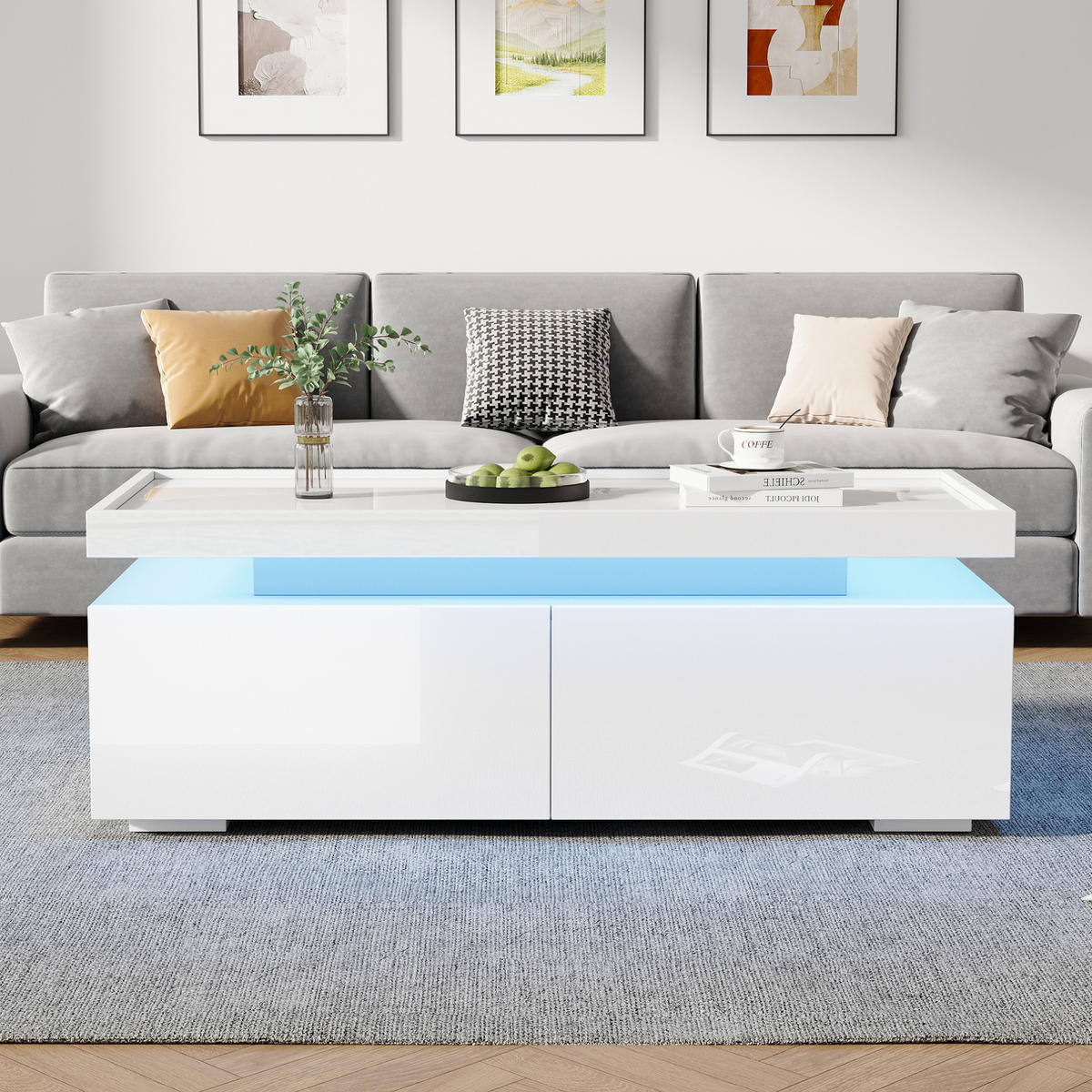 KONFERENČNÍ stolek 95/45/35 cm bílý z dřevotřísky s LED osvětlením a 2 zásuvkami - bílá, kompozitní dřevo (95/45/35cm) - OKWISH