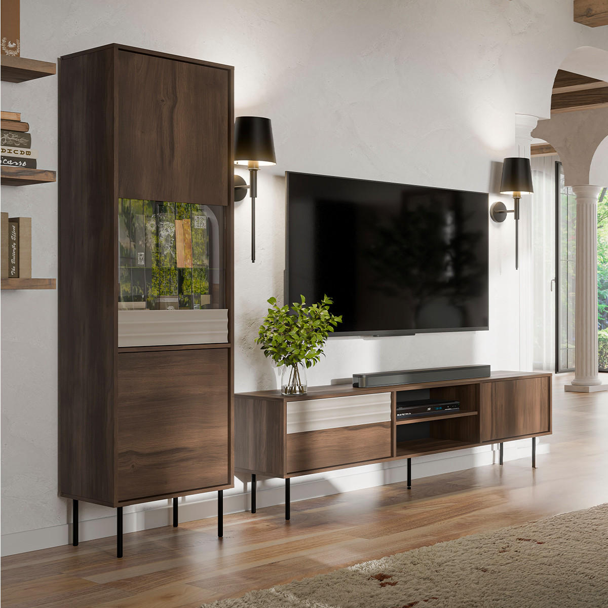 VITRÍNA Astra Tmavé dřevo a kašmír - béžová, kompozitní dřevo (50.9/195/40cm) - Petits-meubles