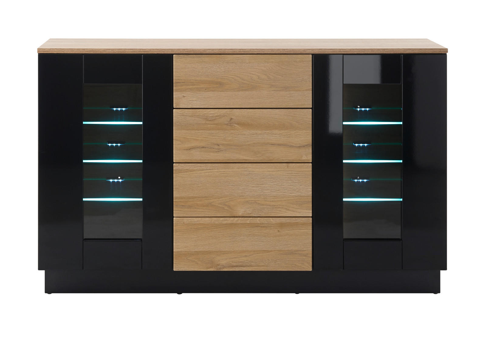 SIDEBOARD schwarz Hochglanz, Grandson Eiche, Kommode 136 x 85 cm - Schwarz Hochglanz/Eichefarben, Glas/Holzwerkstoff (136/85/43cm) - Furn.Design