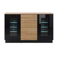 SIDEBOARD schwarz Hochglanz, Grandson Eiche, Kommode 136 x 85 cm - Schwarz Hochglanz/Eichefarben, Glas/Holzwerkstoff (136/85/43cm) - Furn.Design