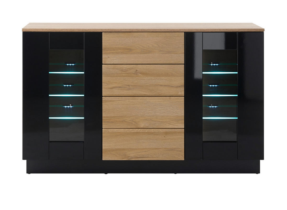 SIDEBOARD schwarz Hochglanz, Grandson Eiche, Kommode 136 x 85 cm - Schwarz Hochglanz/Eichefarben, Glas/Holzwerkstoff (136/85/43cm) - Furn.Design