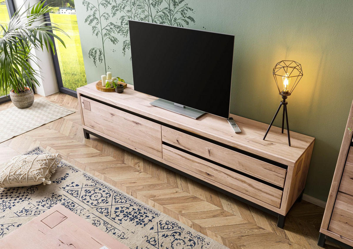 TV-BOARD Wildeiche 220x40x56 bianco geölt VILLANDERS #254 - Beige, Holz (220/56/40cm) - Massivmoebel24