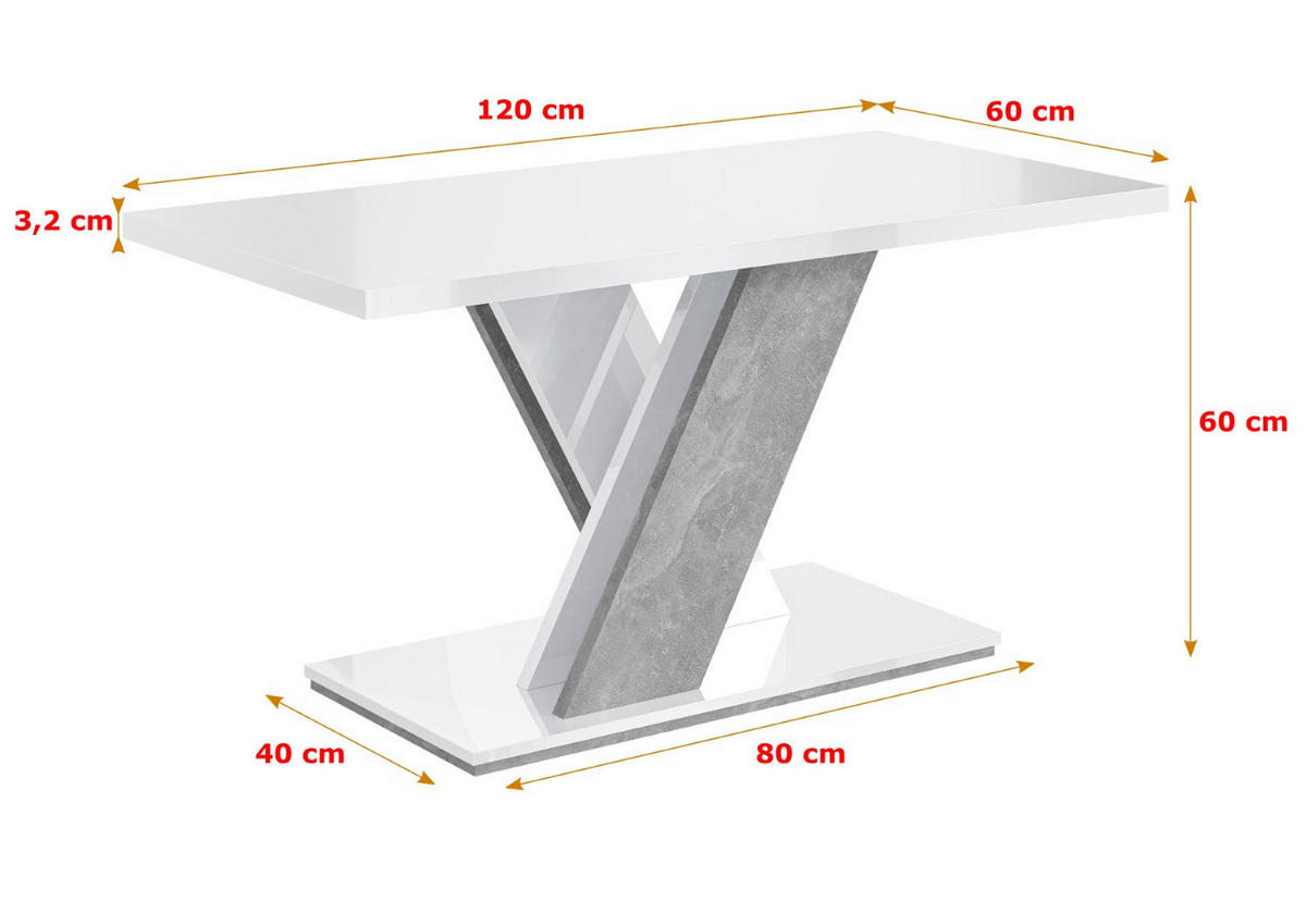 KAFFEETISCH 120x60x60 cm - Weiß / Betonoptik - RONX MINI - Weiß, Holzwerkstoff (120/60/60cm) - ALTDECOR