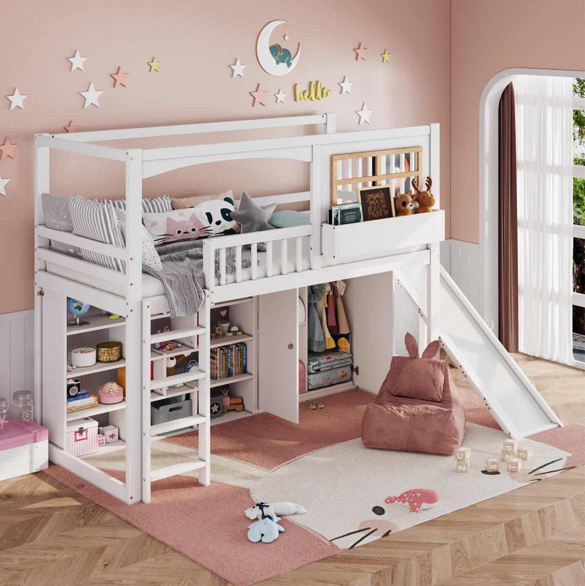 HOCHBETT 90/200 cm in Weiß/Natur mit Rutsche und Kleiderschrank - Weiß, Holzwerkstoff (90/200cm) - Flora Grace