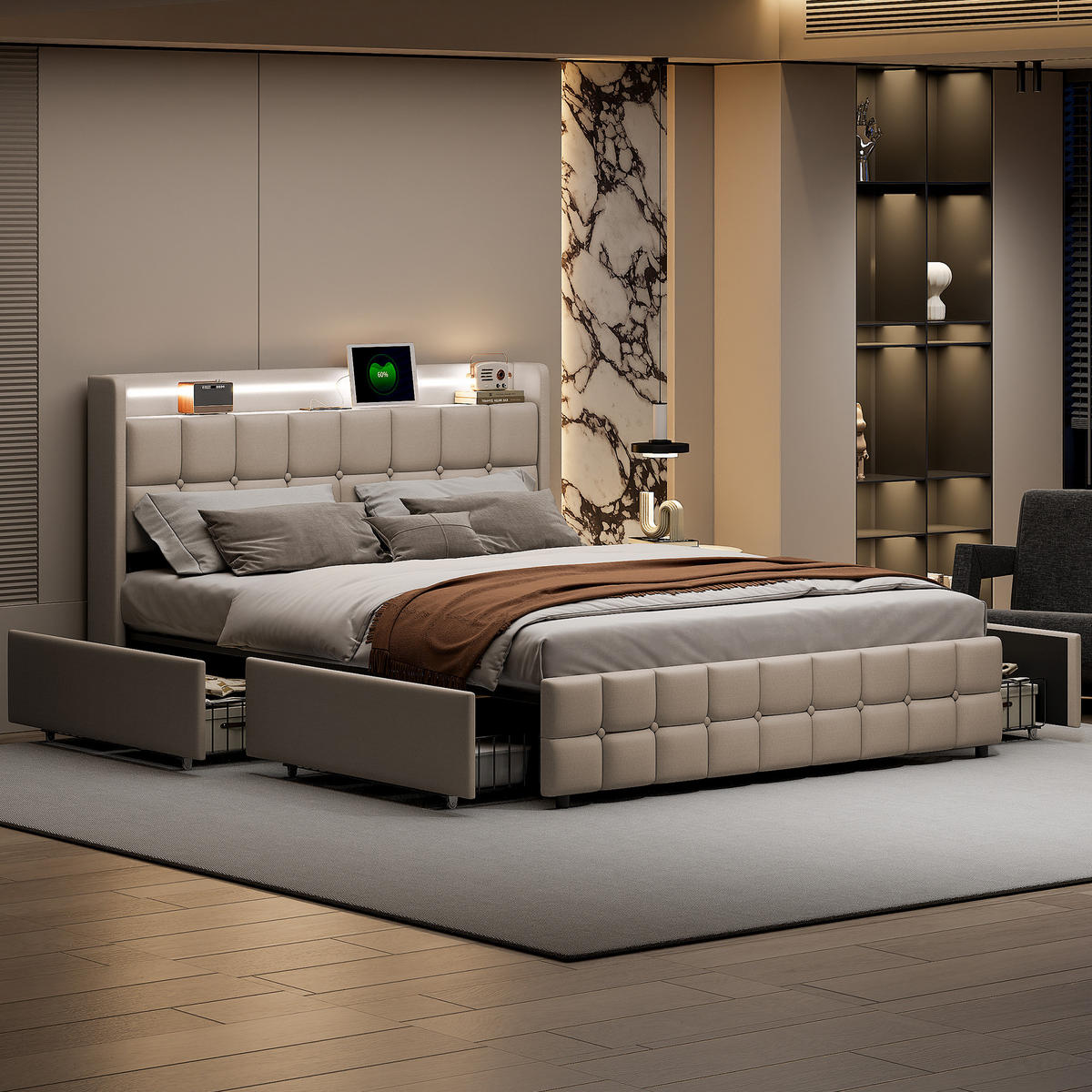 POLSTERBETT 180x200 cm Doppelbett, 4 Aufbewahrungsschubladen, LED-Leuchten & USB-Ladeanschluss, Leinenstoff in Beige - Beige, Holz (180/200cm) - BRILVERDE